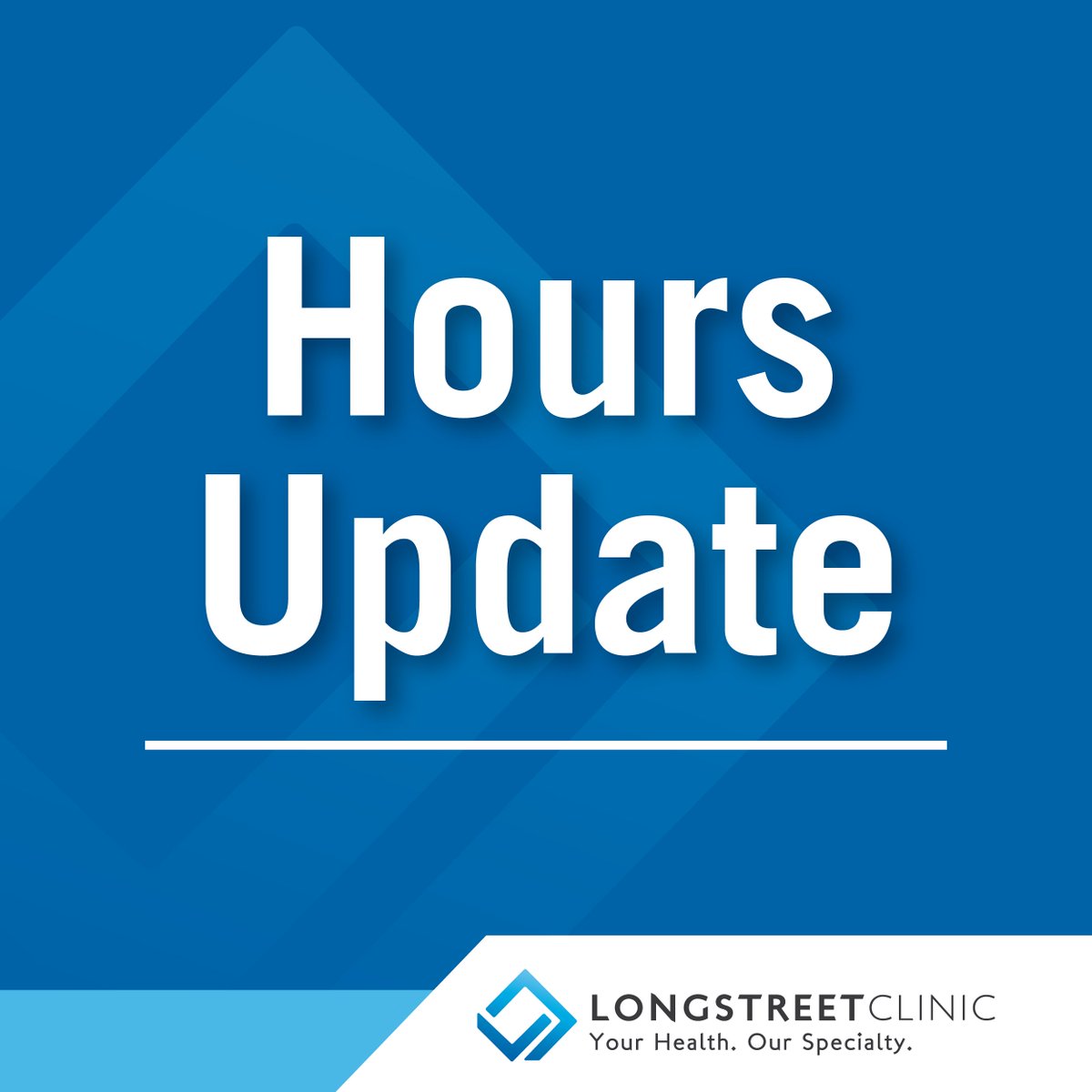 longstclinic's tweet photo. Due to the installation of new imaging equipment that will require an interruption in electricity, our Urgent Care will be closed, Sunday, March 6. We apologize for any inconvenience. We are open today from 9 a.m. to 3 p.m. Thank you for your understanding! https://t.co/sNFXQaMUy2