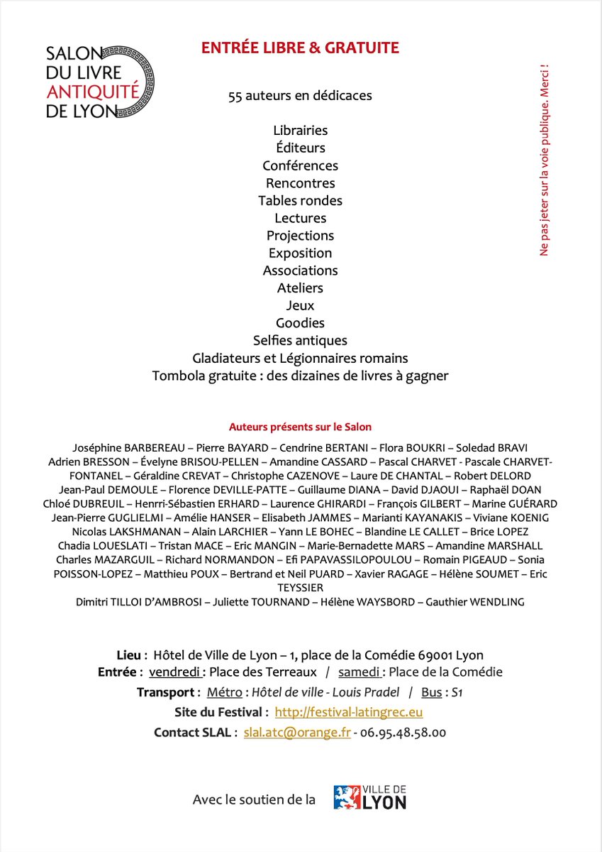 ArreteTonChar1's tweet photo. Programme détaillé du Salon du Livre Antiquité de Lyon (25-26 mars - entrée libre et gratuite).
RT très appréciés ;-)
#SLAL2022 @villedelyon @rdv_antiquite @Festivlatingrec 
#TeamRomains
#TeamGrecs
#TeamArcheo https://t.co/zynOPDQ46S