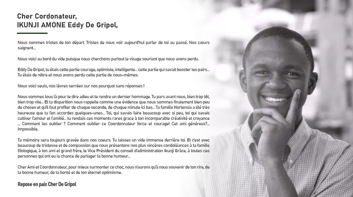 NdekeLaetitia's tweet photo. Mon ami @EddyAmone était la partie courage, optimiste, intelligente de @HortensiaOrg … il savait bien reunir et booster ses pairs… 

#Amone était de nôtre et nous avons perdu cette partie de nous-mêmes😭. 

#AlinaNasa #DeGripol🕯
#PaixATonAme🕯 https://t.co/yEKlnRAtaE