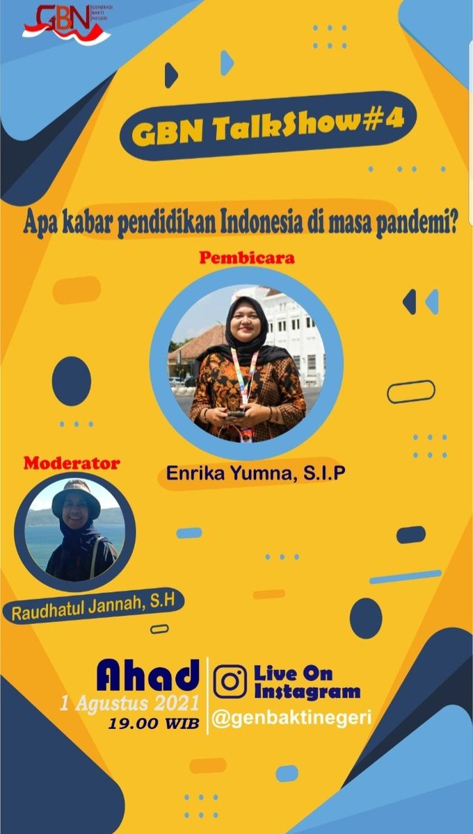 Talkshow GBN #4: Apa Kabar Pendidikan Indonesia di Masa Pandemi?

Narasumber: Enrika Yumna, S.IP  
Moderator: Raudhatul Jannah, S.H

Instagram: instagram.com/tv/CSCF6VZF2aF…
Facebook: fb.watch/bzaRs-flFG/
Youtube: youtu.be/EpIiiJg449I