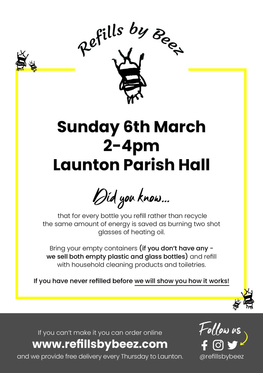 refillsbybeez's tweet photo. Looking forward to seeing lots of you at our pop up event in Launton tomorrow. 🐝

Bring your empty containers to #refill. 💚

Other products will also be on sale - bamboo toothbrushes, deodorant and toothpaste in plastic free wrapping, shampoo and conditioner bars and lots more. https://t.co/94wnKylpot