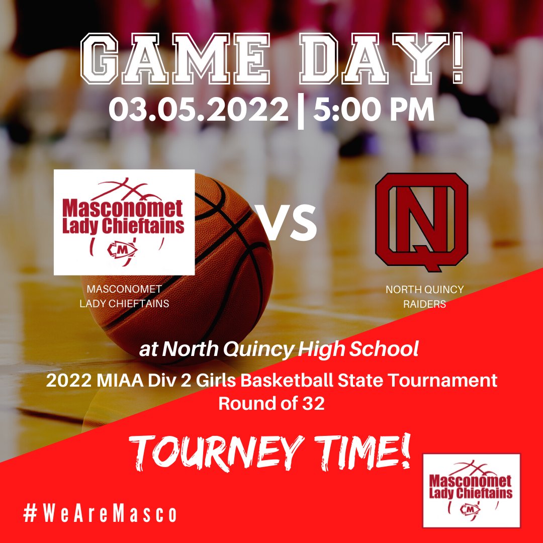 GAME DAY! The Lady Chieftains travel to North Quincy today for a #MIAA D2 State Tournament Round of 32 matchup. Tip-off is at 5PM. Directions: mascogb.com/teams/?u=MASCO… #WeAreMasco #AllIn #tourneytime