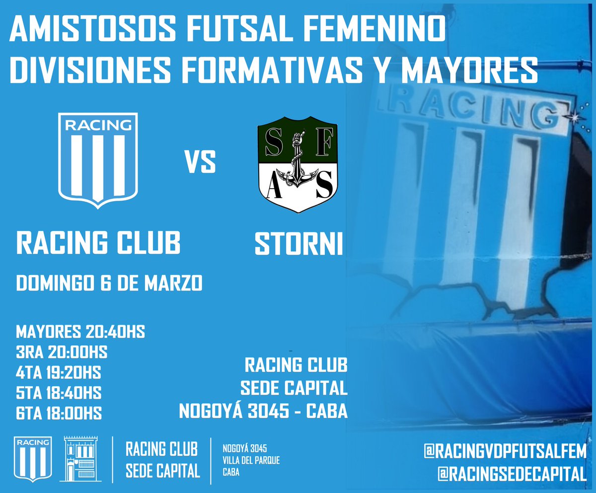 Las divisiones formativas continúan su puesta a punto💪🏻 y este domingo 6/3 tendrán una jornada amistosa ante Storni como locales en <a href="/RacingSede/">SEDE RACING CAPITAL</a>.

Horarios⏰:

Mayores 20:40hs
3ra 20hs
4ta 19:20hs
5ta 18:40hs
6ta 18hs

💳Entrada $200

#Racing
#RacingVdP
#RacingClub

♀️🎓⚽️💙
