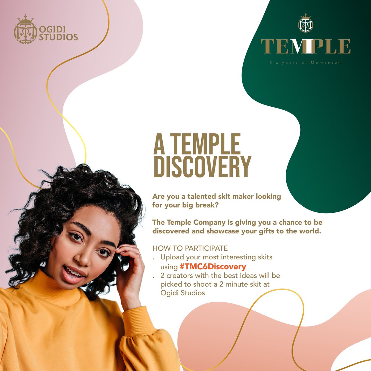TheTempleCo's tweet photo. YES. It’s time for your big break 💃🏽

This is your chance to be Discovered. 

Follow the instructions in the Poster for your chance to be discovered and inch that much closer to your dreams 💫

#TMC6Discovery https://t.co/qzCyVU9ytM