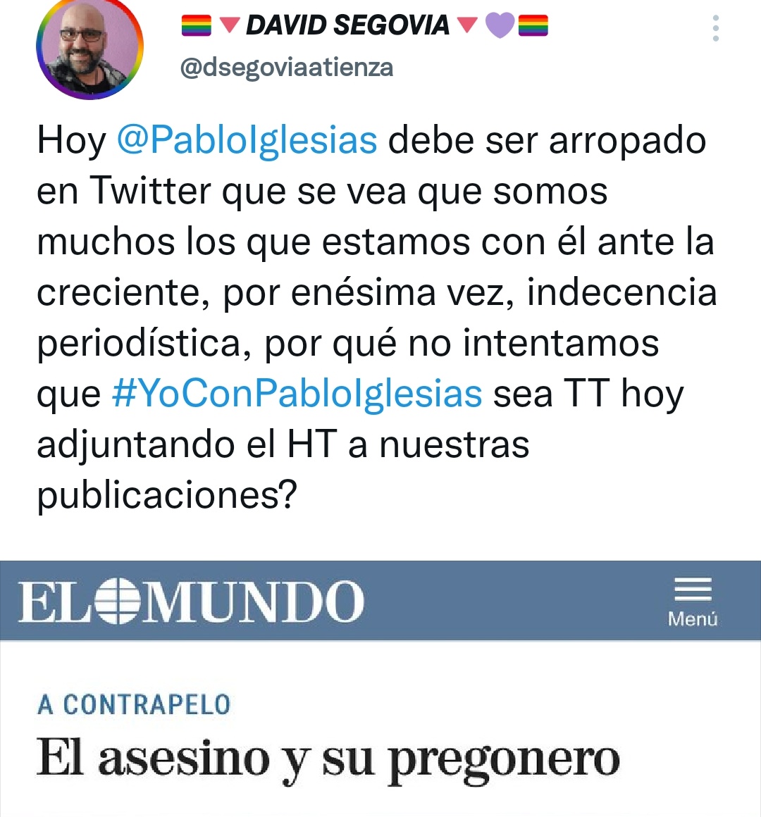 dsegoviaatienza's tweet photo. Muchas gracias a todo el mundo, lo que pensé que no llegaría a nada ahora mismo es N1, sin promoción, ni bots, ni organización ni nada, simplemente con la ayuda de buenos compañeros.
Me quito el Sombrero.
Dedicado a ti @PabloIglesias 
#YoConPabloIglesias https://t.co/Y8jEo9MpBg
