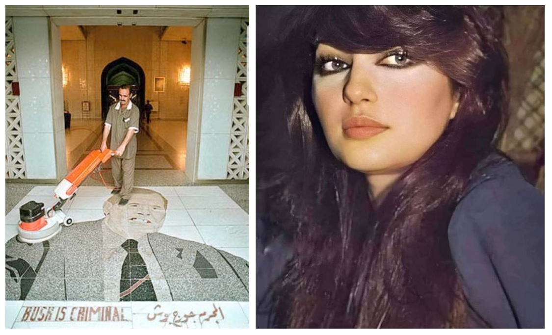"Bush é um criminoso" —mosaico produzido pela artista iraquiana Layla Al-Attar que decorava a entrada do Hotel Al-Rashid em Bagdá. A obra é apontada como o motivo do assassinato de Layla. A artista morreu após ter sua casa destruída por dois mísseis disparados pelos EUA.1/9