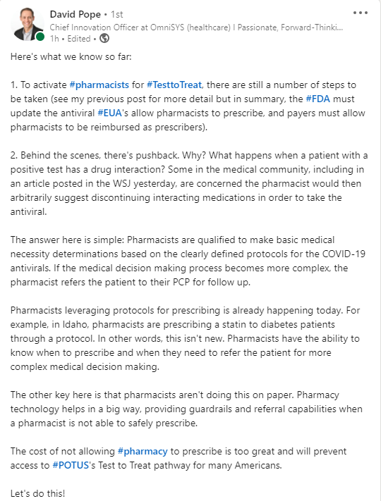 XiFin Pharmacy Solutions (@omnisysnews) on Twitter photo The conversation around pharmacist #COVID19 test to treat from the #STOU is heating up. Bottom line? #Pharmacists are qualified to make basic medical necessity determinations, and they are already doing it today in a number of instances. Read more below from <a href="/DavidDPope/">David Pope</a>. The conversation around pharmacist #COVID19 test to treat from the #STOU is heating up. Bottom line? #Pharmacists are qualified to make basic medical necessity determinations, and they are already doing it today in a number of instances. Read more below from <a href="/DavidDPope/">David Pope</a>.