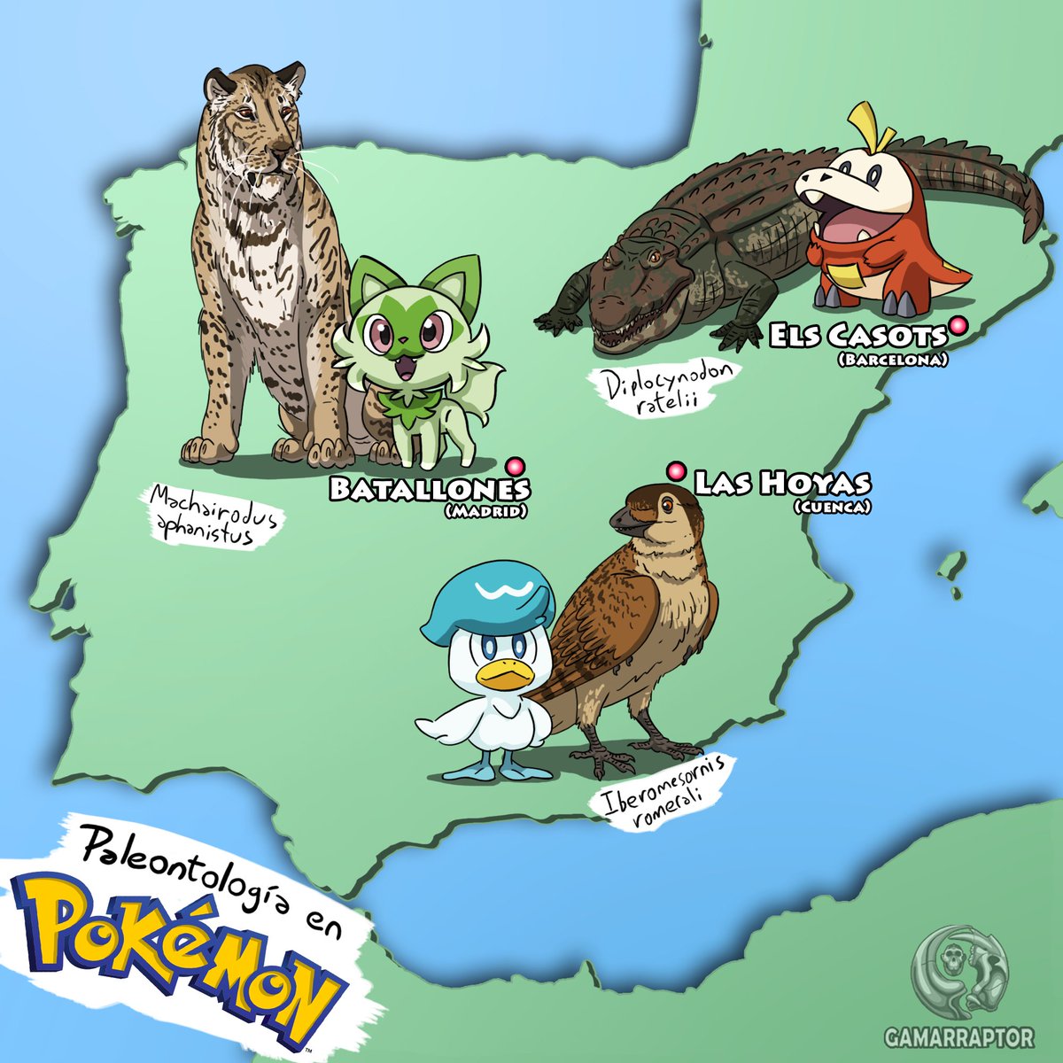 Gamarraptor's tweet photo. Hace unos días se anunció que #PokemonEscarlatayPurpura va a estar ambientado en España, por lo que es la oportunidad perfecta para hablar un poquito de #paleontologia española😉

Los representantes fósiles de los nuevos #Pokemon iniciales.

Dentro mini-hilo⬇️ https://t.co/074bAnQpVZ