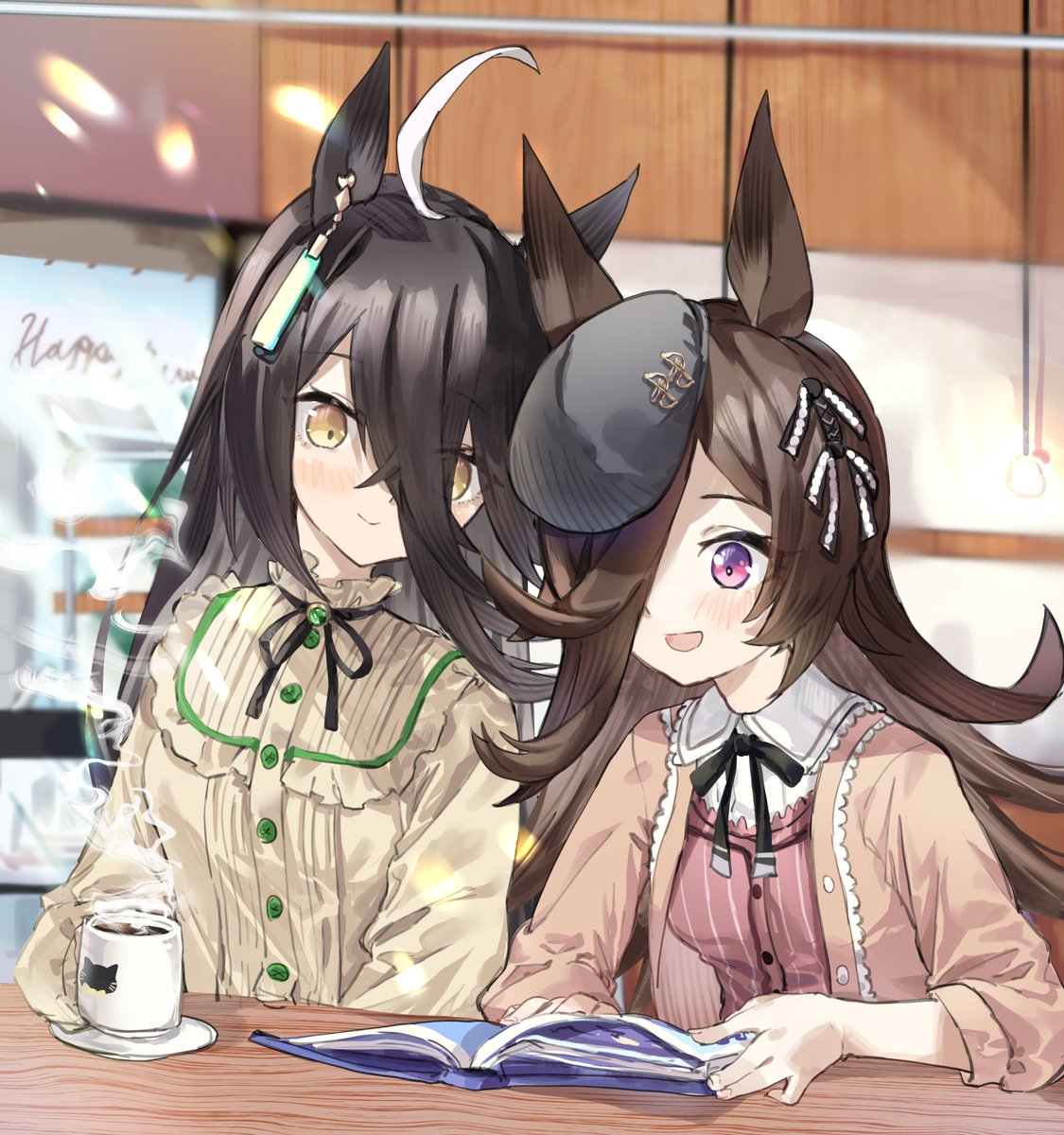 manhattan cafe (umamusume) ,rice shower (umamusume) multiple girls 2girls animal ears horse ears black hair smile long hair  illustration images