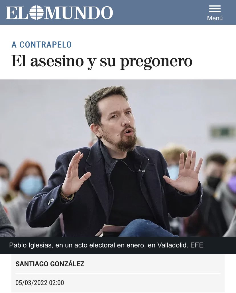 “Pregonero de un asesino” Hay que ver con lo del señalamiento a periodistas. Menos mal que en El Mundo sois el último baluarte de la verdad, la libertad y la democracia, amiga <a href="/LuciaMendezEM/">Lucía Méndez Prada</a>