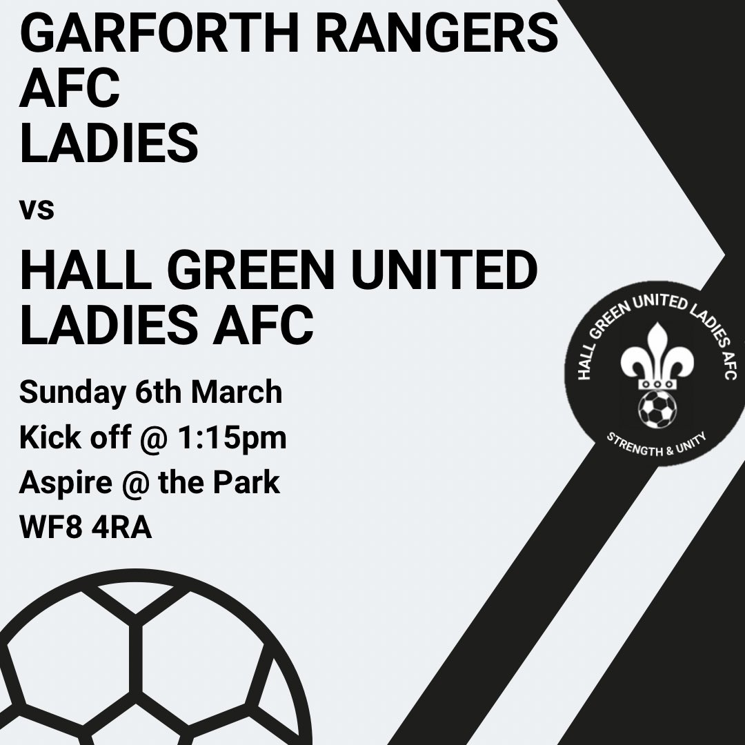 Tomorrow’s fixture is a little different to normal. 
Hall Green take on Garforth at the new sports centre in Pontefract, Aspire @ the Park! 

Kick off is earlier this week too, kicking off at 1:15pm. ⚽️⚽️⚽️