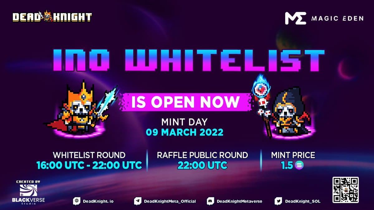 🌟@DeadKnight_SOL #WHITELIST
🎁 Top 2000 winners who have highest entries can participate in the DK INO Whitelist and OG Role
🎁Top 20 referrers will get 20 #NFTs
⚛️WL link: bit.ly/INODeadKnight
⚛️End: 7 Mar
🔸INO🔸
⏳ 9 Mar
💠 Mint: magiceden.io/launchpad/dead……… 
⚡️JOIN NOW