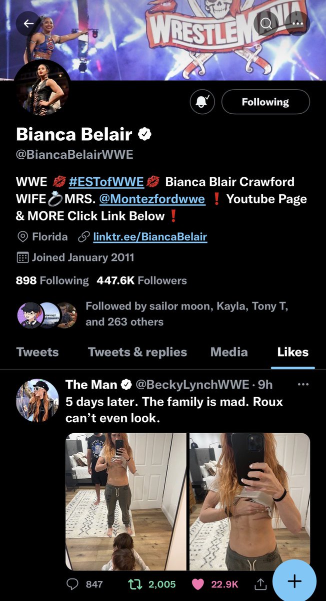 bigtimeEST's tweet photo. Bianca Belair canโt hide her love for Becky Lynch, even while theyโre feuding ๐
#WrESTleMANia https://t.co/TyWiZa2ulY