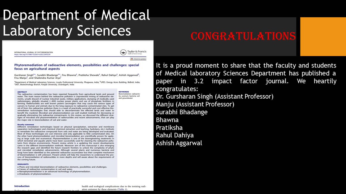 LPUAHS's tweet photo. Congratulations to the Faculty members and Students of Medical Laboratory Sciences Department for publishing a paper in 3.2 impact factor journal. #LPU #LPUresearch #labsciences. https://t.co/lcvv8DHBcg