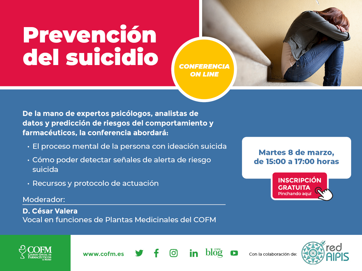 COFMadrid's tweet photo. #Seminarioonline: El psicólogo Javier Jiménez Pietropaolo @RedAipis explicará el 8 de marzo el proceso mental de la persona con ideación suicida y cómo detectar señales de alerta. Y nos dará recursos y protocolo de actuación. ¡Inscríbete! https://t.co/Yyypn3Zwv4 @cesarvaleraarna https://t.co/SQpD8FwOE8