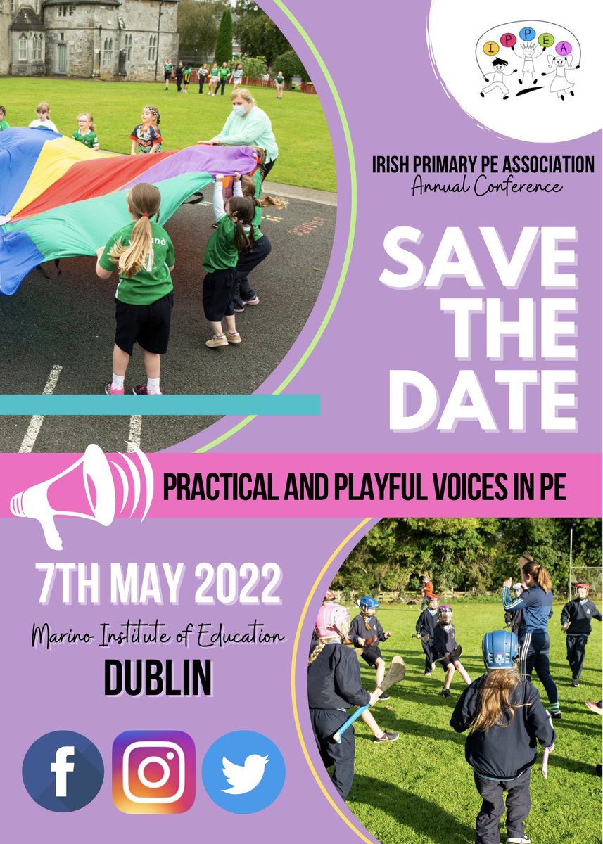 IrishPrimaryPE's tweet photo. SAVE THE DATE! 
This years conference - Practical and Playful Voices in PE - will take place on the 7th of May in Marino Institute of Education, DUBLIN.

Worksop and booking details coming soon! 

@ActiveFlag @MarinoInstitute @SuzyMacken @Education_Ire @PDSTpe https://t.co/Or93nWqC0B