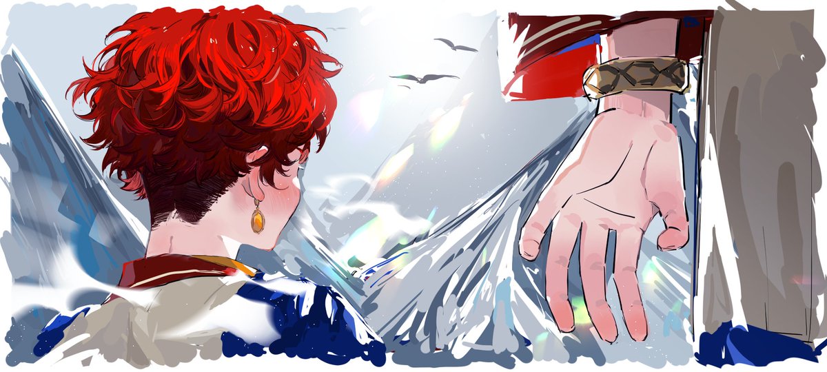 jewelry red hair earrings male focus from behind 1boy bracelet  illustration images