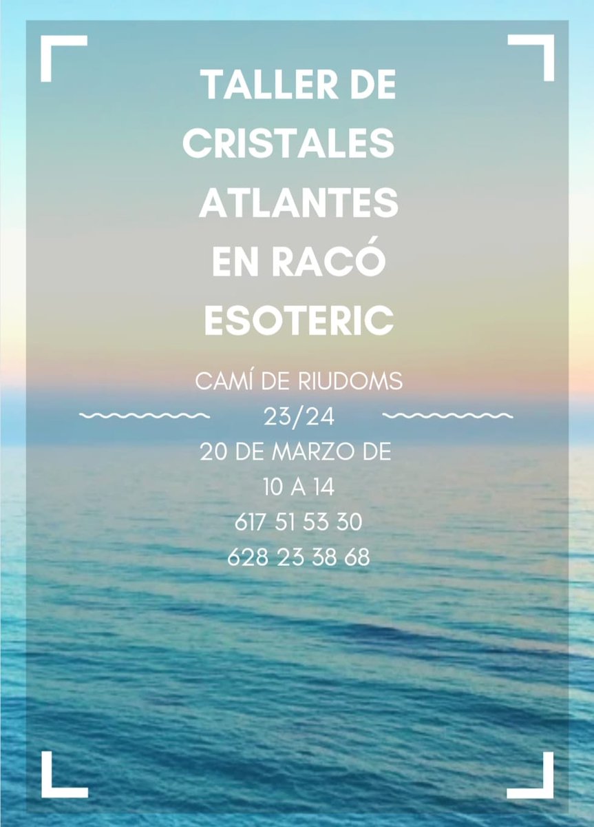 Raco_Esoteric's tweet photo. 👉 Taller de Cristales Atlantes en Racó Esotèric

📅 El próximo 20 de marzo.

🧚 Consulta sin compromiso.

#RacoEsoteric #Reus #CristalesAtlantes https://t.co/ZqgUEKM4YV