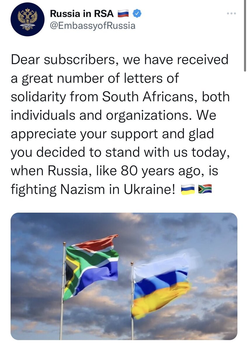 <a href="/EmbassyofRussia/">Russian Embassy in South Africa 🇷🇺</a> <a href="/MbalulaFikile/">ANC SECRETARY GENERAL | Fikile Mbalula</a> <a href="/mfa_russia/">MFA Russia 🇷🇺</a> <a href="/PMSimferopol/">Russia's MFA in Crimea🇷🇺</a> <a href="/RusConsCapetown/">ГК РФ в Кейптауне</a> <a href="/mahasharampedi/">Mr Putin</a> <a href="/SABCNews/">SABC News</a> <a href="/ThabisoLehoko/">Thabiso Lehoko</a> <a href="/MID_Kaliningrad/">Russian MFA in Kaliningrad 🇷🇺</a> <a href="/RusEmbEthiopia/">Russian Embassy in Ethiopia</a> <a href="/georgegalloway/">George Galloway</a> <a href="/calebmaupin/">Caleb T. Maupin</a> Fixed it for you. South Africans stand with Ukraine.