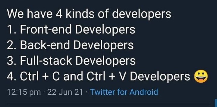 softtez's tweet photo. We have 4 kinds of developers ... 😂👌
 #100Daysofcode #javascript #programming #dev #linux #java  #CodeNewbie #python #reactjs #bugbounty #DataScience #infosec #gamedev #BigData #nodejs #angularjs #VueJS #Extjs #DEVCommunity #developer @softtez https://t.co/Ra4wURblnN