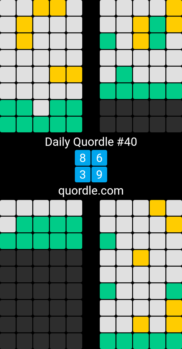 cat__ryan's tweet image. Daily Quordle #40
8️⃣6️⃣
3️⃣9️⃣
quordle.com