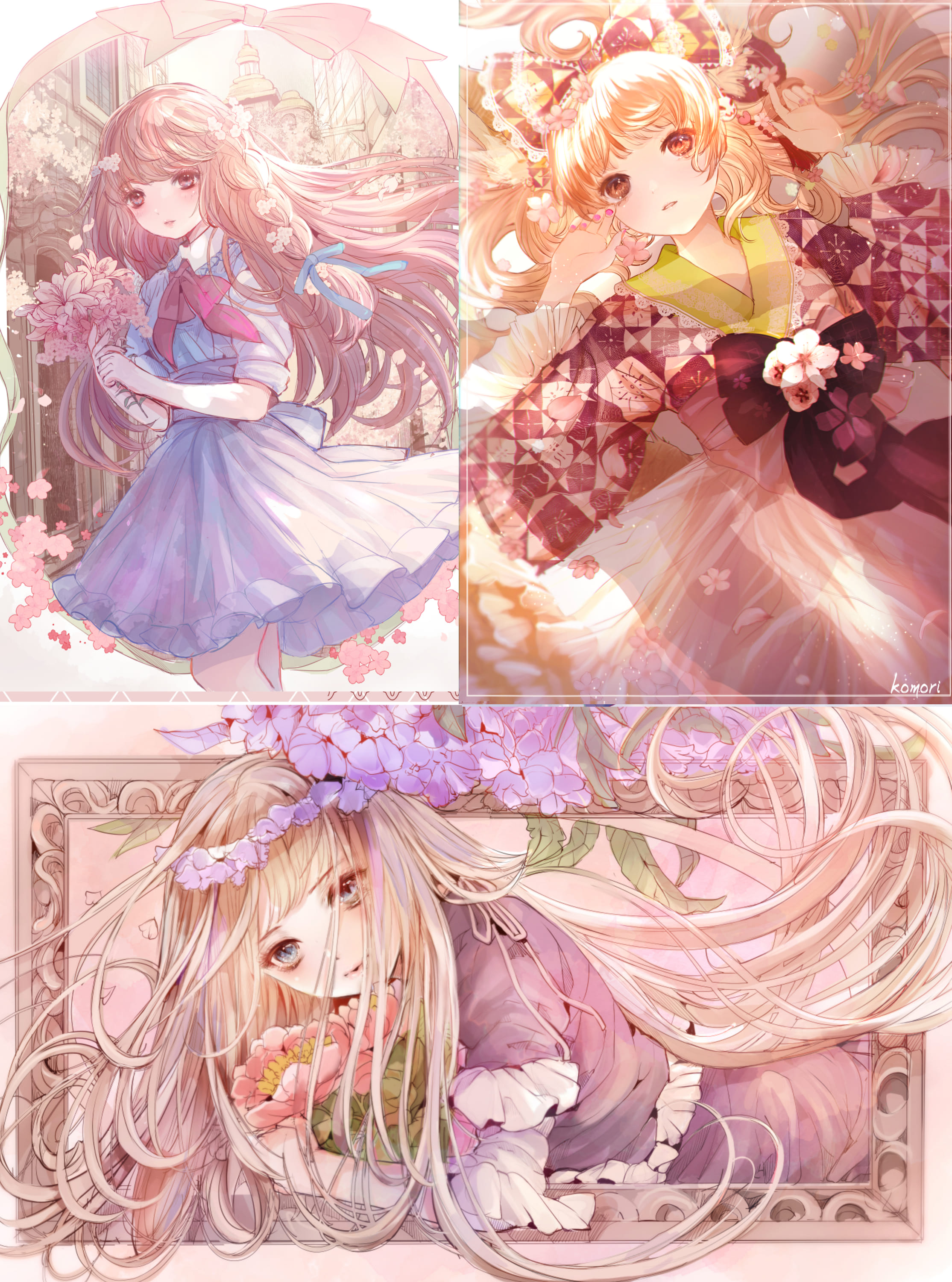 こもりひっき Lawson Printでブロマイド発売中です こちらの作品は 一枚目は春の花の町の少女 二枚目は桃の節句モチーフのワンピースの少女 三枚目は額縁の中でほほ笑む乙女がテーマの これまでに描いた春の花と乙女たち イラストのまとめです