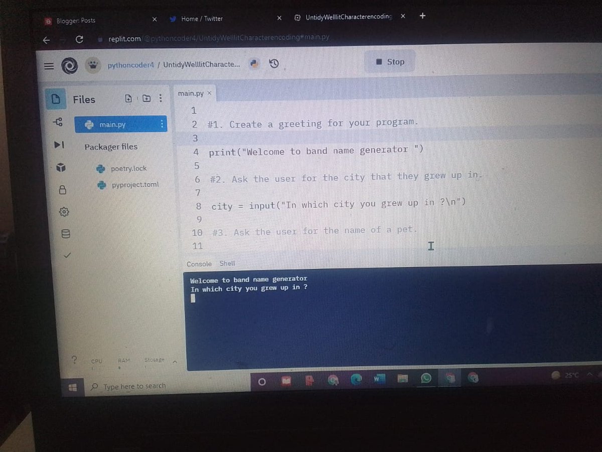 pythoncoder15's tweet image. #100 days of code 
# 100 days of code angela Bootcamp- day 1 
today I learned variables, input function, naming variables, string concatenation and did so many challenges, and finished a project.