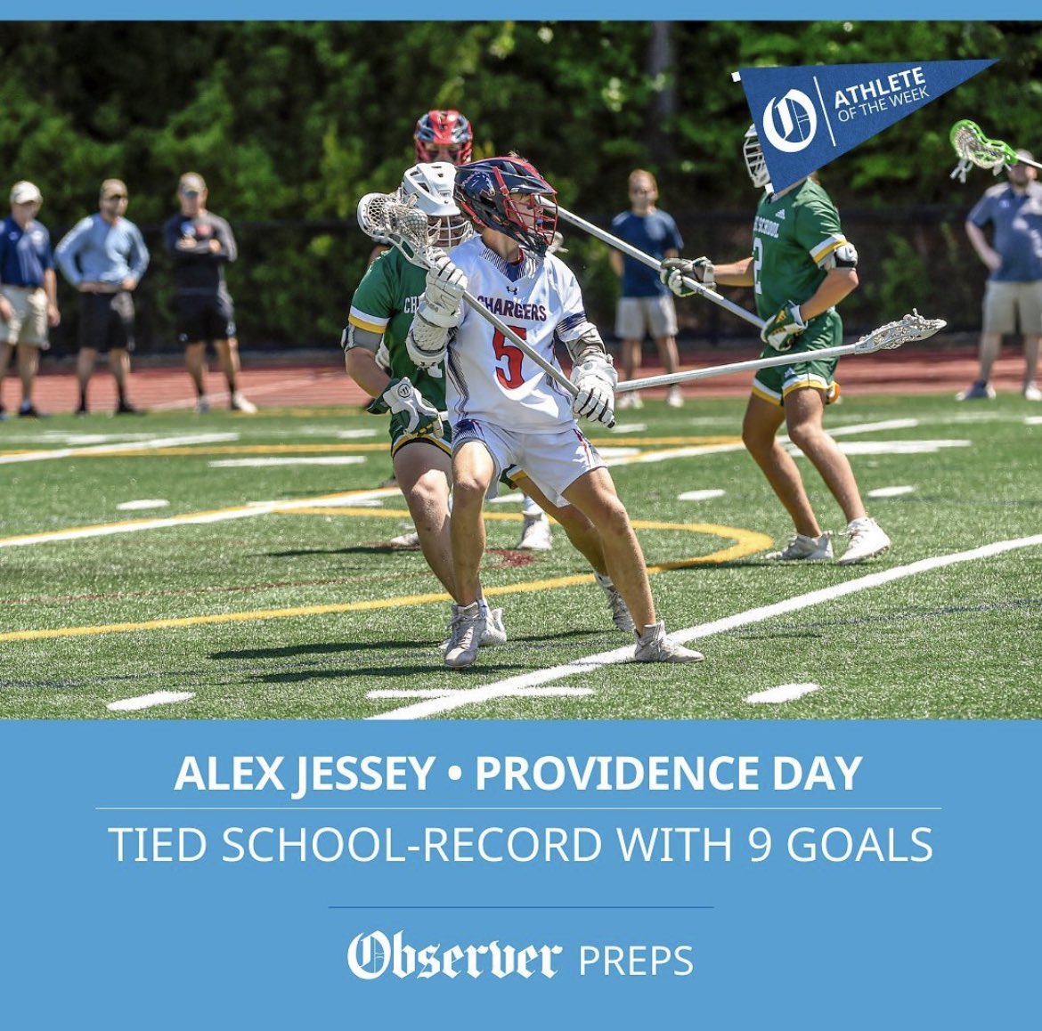 Charlotte Observer Athlete of the Week honors go to Alex Jessey of Boy’s Lacrosse! 9 goal explosion in a single game &amp; 13 points! Congrats Alex! #pdschargers