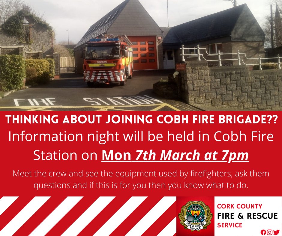 CorkCountyFire's tweet photo. Cobh Fire Brigade are having an information evening this coming Monday evening march 7th in Cobh Fire Station at 7pm if you're interested in the upcoming position.🚒🔥🧯 #wererecruiting #fireservice #cobh https://t.co/T0S34FXEIR