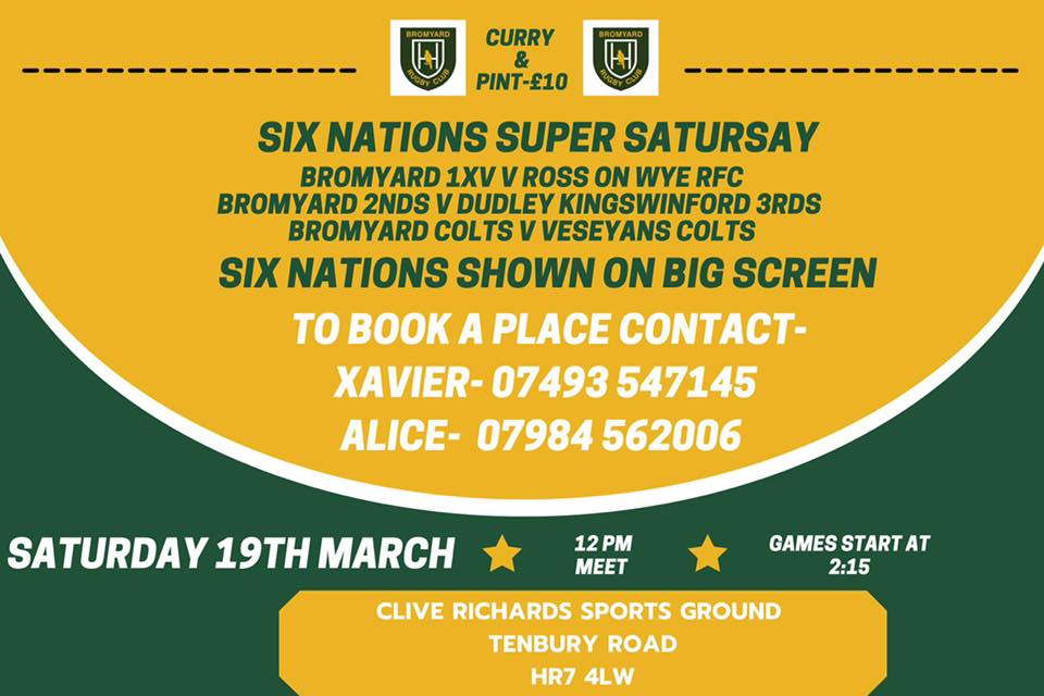 Come down to  Bromyard Rugby club on the 19/3/22 and watch BOTH the Men’s teams play on the final weekend of the Six Nations! Make a day of it as we are also doing a tables day, so for ONLY £10 you can get a curry and pint before an afternoon of live rugby kicks off.