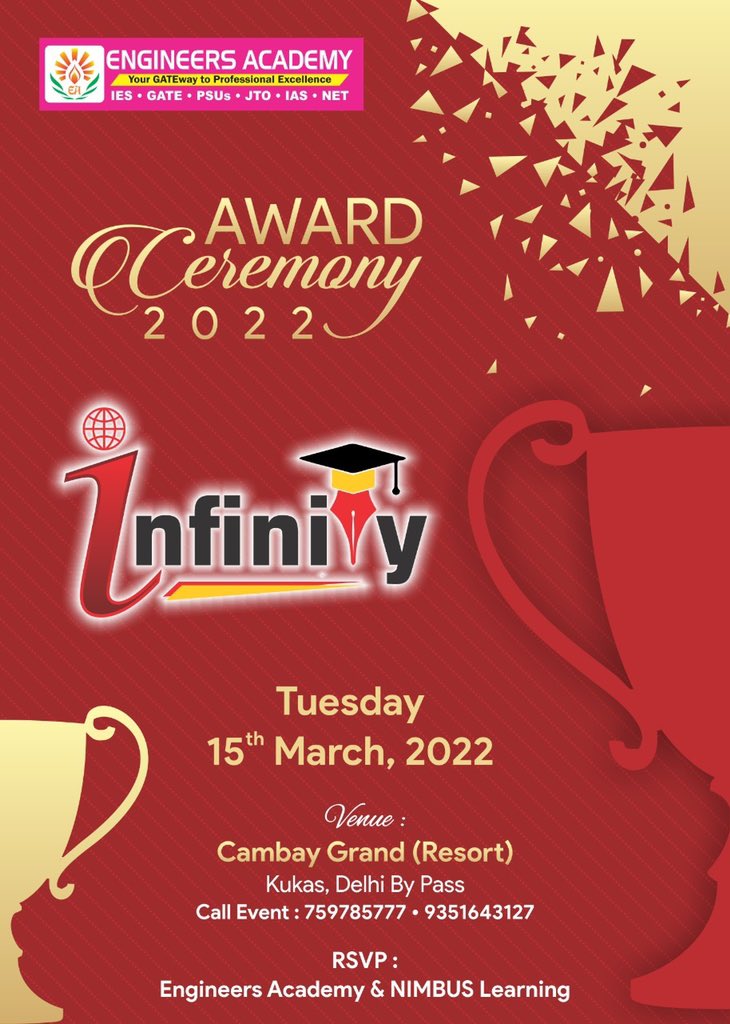 EAIndia's tweet photo. Engineers Academy &amp; Nimbus Learning organizing Award Ceremony (Infinity 2022) 
Date : March 15, 2022
Venue : Cambay Grand (Resort) Delhi-Jaipur Highway, Kukas, Jaipur,
Registration Open for Infinity 2022 :  https://t.co/BYhEnSQ3Gl https://t.co/YNnvma6PlP
