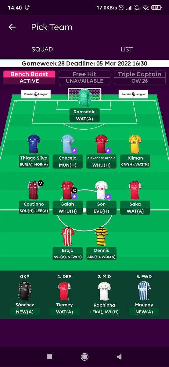 CrazyGunner9's tweet photo. DGW28 , here we Go!!!! , 
⚒️Coufal -> Thiago Silva🔵
⚒️Bowen -> Raphinha 🏵️ (-4) 
Bench Boost Activated. 💺✅
OR:184k 🌏
Only Broadcaster Cup left to play📺 Round of 2048 
#GW28  #FPLCommunity #FPL #fantasypremierleague @OfficialFPL https://t.co/IuWic4nQJp