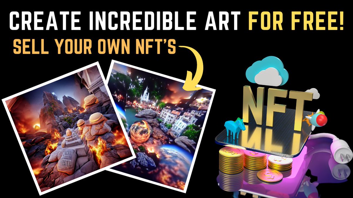 Cryptocoiners1's tweet photo. Looking to sell your own NFT art online but don't know how to draw a straight line? Here are 3 free websites where you can create beautiful art using artificial intelligence software: https://t.co/tRwgWsh3i7 https://t.co/Ec9UYCcPVc