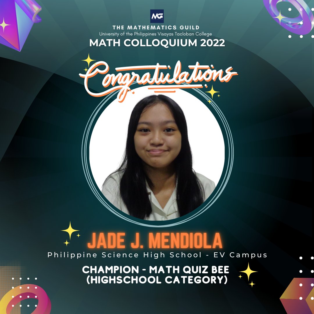 upvtcmathguild's tweet photo. Knowledge is a sword used to conquer this modern world, and you have been successful in doing so. Congratulations to our 𝗺𝗮𝘁𝗵 𝗾𝘂𝗶𝘇 𝗯𝗲𝗲 - 𝗵𝗶𝗴𝗵 𝘀𝗰𝗵𝗼𝗼𝗹 𝗰𝗮𝘁𝗲𝗴𝗼𝗿𝘆 𝘄𝗶𝗻𝗻𝗲𝗿𝘀!

#MathColloquium2022
#TheMathematicsGuild https://t.co/gBvv1uHfZ1