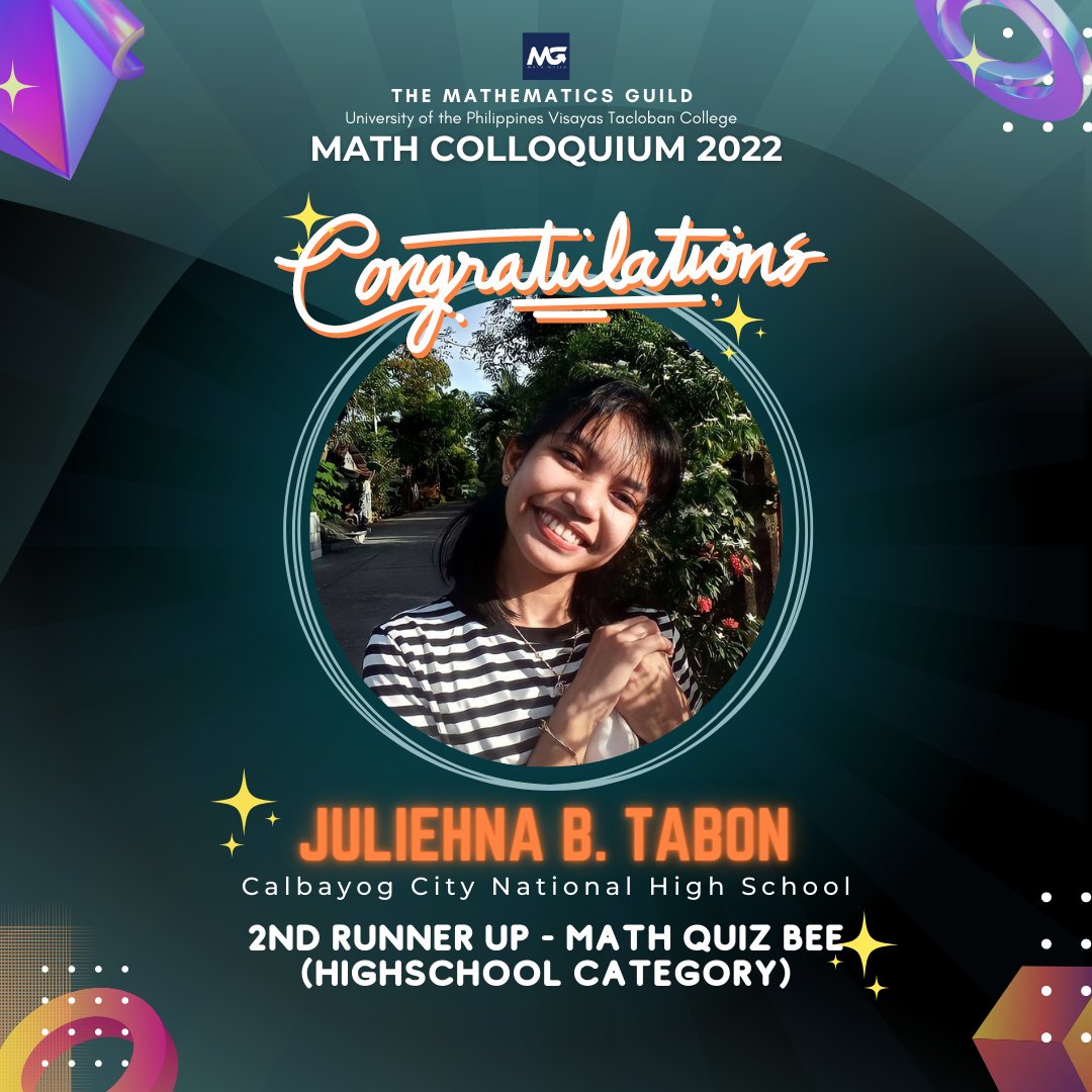 upvtcmathguild's tweet photo. Knowledge is a sword used to conquer this modern world, and you have been successful in doing so. Congratulations to our 𝗺𝗮𝘁𝗵 𝗾𝘂𝗶𝘇 𝗯𝗲𝗲 - 𝗵𝗶𝗴𝗵 𝘀𝗰𝗵𝗼𝗼𝗹 𝗰𝗮𝘁𝗲𝗴𝗼𝗿𝘆 𝘄𝗶𝗻𝗻𝗲𝗿𝘀!

#MathColloquium2022
#TheMathematicsGuild https://t.co/gBvv1uHfZ1