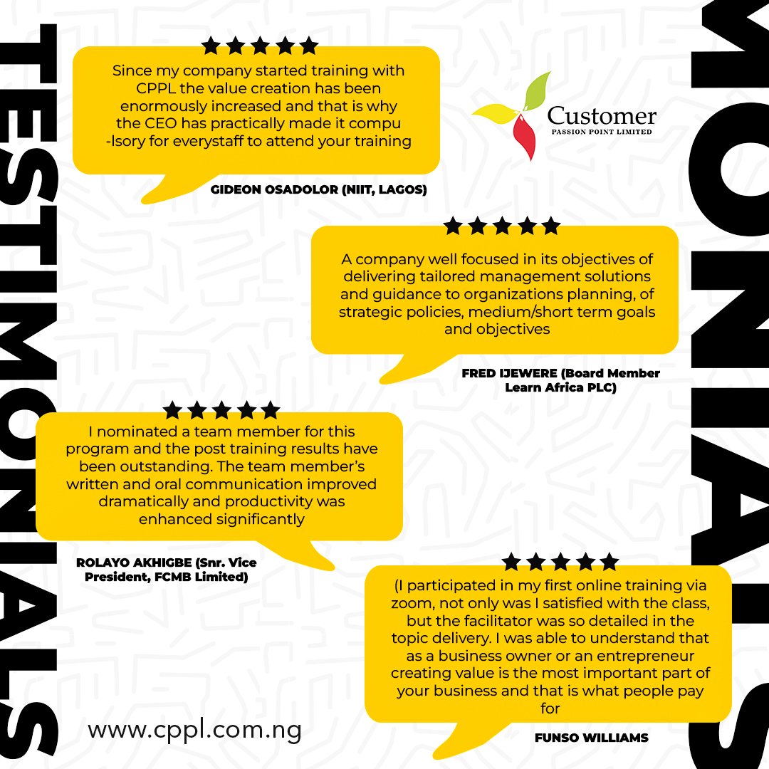cppltraining's tweet image. You too can have a success story.

Click on the link below also to take your business and career to the next level:
cppl.com.ng/Business_Devel…

#cpplnigeria #cppltrainingprograms #weekend #movietime #gifs #reading #relaxing
 #testimonials #register #cppl  #valuecreationmindset