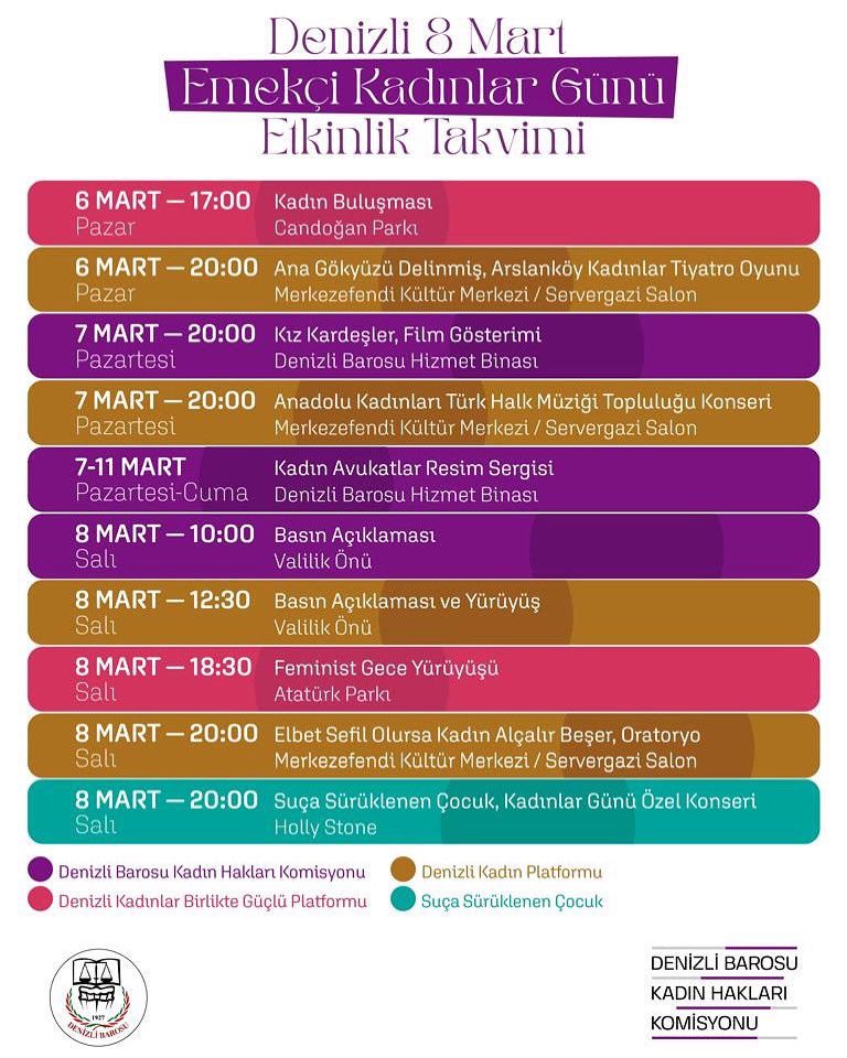 Denizli Barosu Kadın Hakları Komisyonu olarak, 8 Mart Emekçi Kadınlar Günü kapsamında düzenlediğimiz, bileşeni olduğumuz ve desteklediğimiz etkinlikleri takvimimizde bulabilirsiniz. 

#denizlibarosukadınhaklarıkomisyonu
