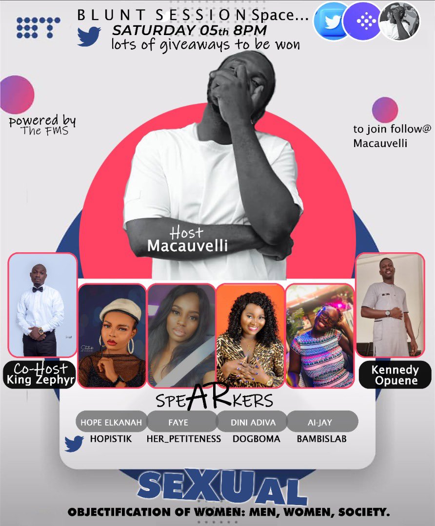 DOgboma's tweet photo. https://t.co/IYRYN6XkTO click on the link to set a reminder for this evening as you join us talk about SEXUAL OBJECTIFICATION OF WOMEN.
#talk #bluntsessions #women https://t.co/sO24JwbBA3