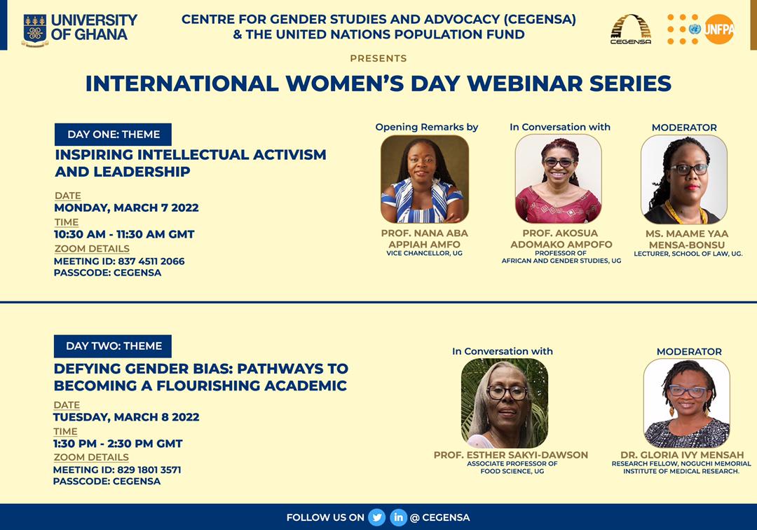 ug_cegensa's tweet photo. DAY ONE
In conversation with Professor Akosua Adomako Ampofo

THEME
INSPIRING INTELLECTUAL ACTIVISM AND LEADERSHIP

DATE
MONDAY, MARCH 7 2022

TIME
10:30AM-11:30AM GMT

https://t.co/SDrrcbyZ7I

Meeting ID: 837 4511 2066
Passcode: CEGENSA https://t.co/8VbEJDWihD