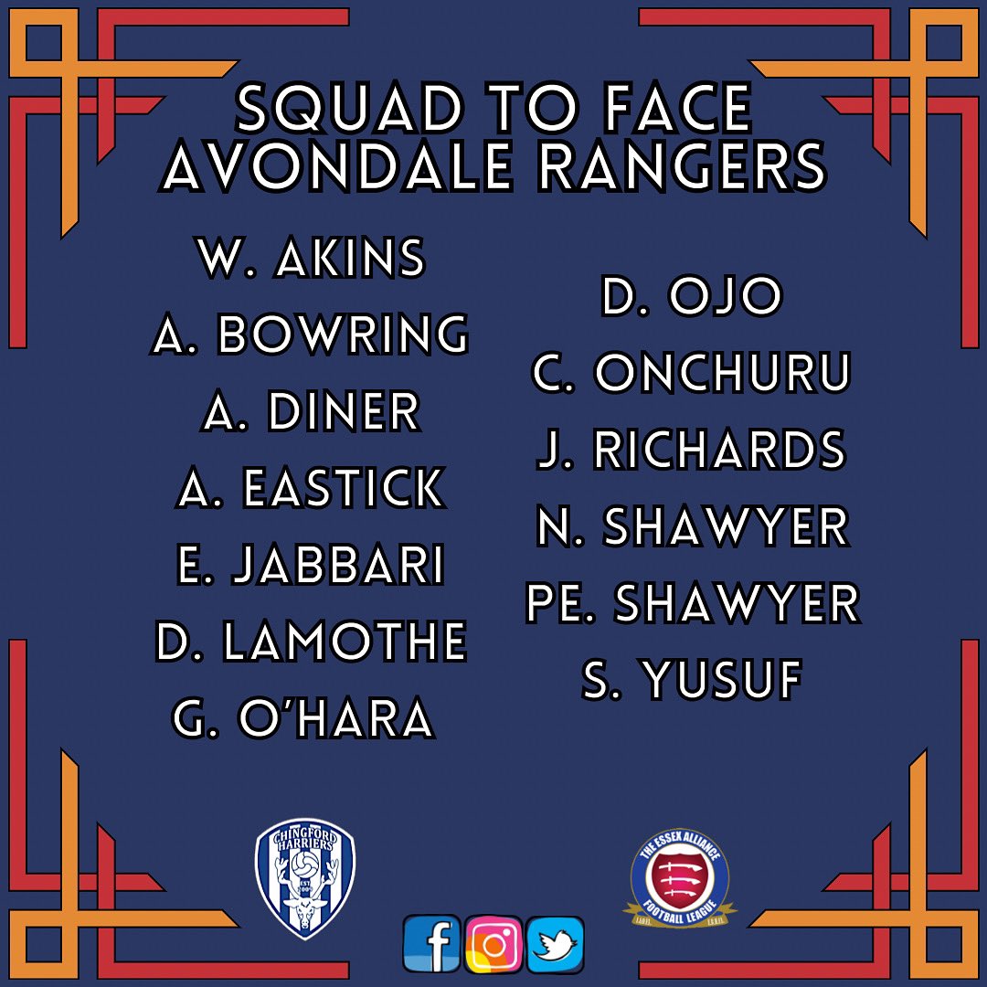 ChingfordHFC's tweet photo. Just under an hour to go, Harriers host after 2 weeks of no league football - here is your squad to face @AvondaleRangers!
🔵⚪️⚽️
#Football #Squad #Team #CHFC #UpTheChing #Essex https://t.co/HCsFkxb4nB