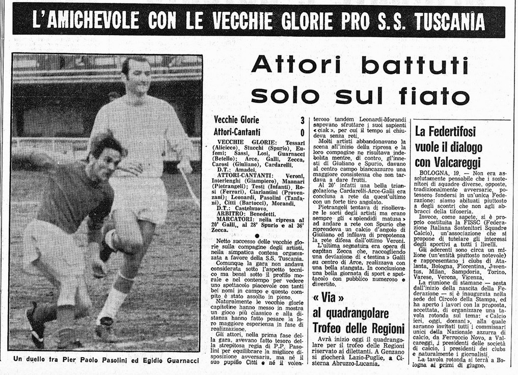 RomaStoria's tweet photo. 100 anni fa, il #5marzo 1922, nasceva Pier Paolo #Pasolini, geniale scrittore, regista e grande appassionato di #calcio. Qui è in campo con l'ex capitano della #ASRoma Egidio #Guarnacci in una gara di vecchie glorie nel marzo 1971 (articolo del @CorSport)
#PPP #PierPaoloPasolini https://t.co/B472hW6SZ1