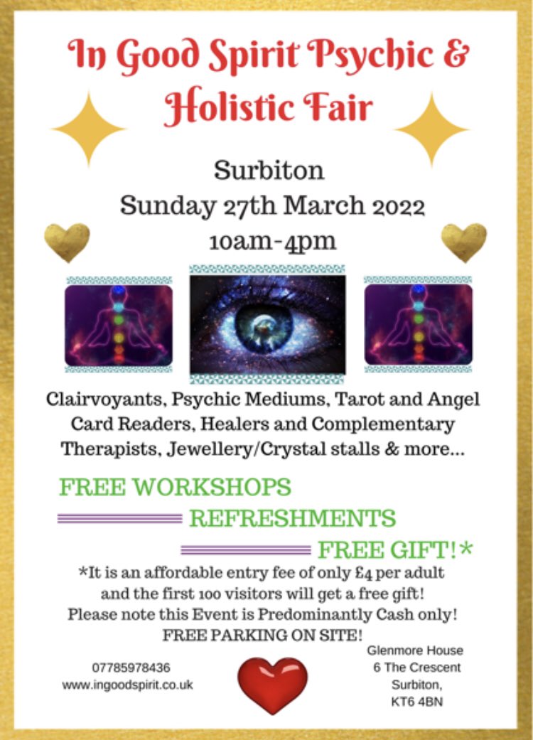 InGoodSpiritUK's tweet photo. come and join us at the Psychic &amp; Holistic Fair in Glenmore House, Surbiton, Surrey KT6 4BN, 10am-4pm #www.ingood https://t.co/hLVfY8Pxwz #fairs #psychic #holistic #crystals #healers #workshops #readers #events https://t.co/ANRslscTy5
