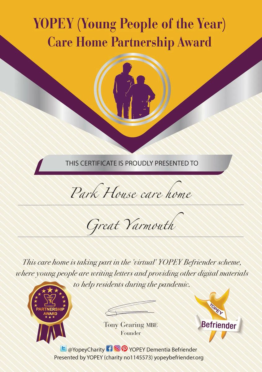 YopeyCharity's tweet photo. CARE HOME AWARDED YOPEY PARTNERSHIP

Park House in #GreatYarmouth is 1st Black Swan Care home for #elderly to earn coveted certificates by giving us residents' views on YOPEY Befrienders' letters etc

#TrulyIntergenerational
#BeaconForBefriending

Park House
@BlackSwanCare https://t.co/2V6Ssp5oT2