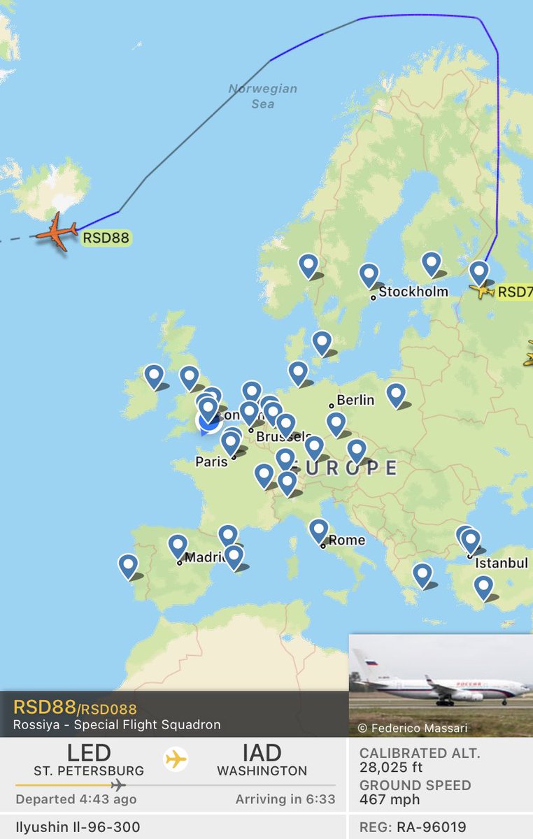 ichbinilya's tweet photo. The airline designation “RSD” indicates a special Russian flight that  carries top officials. This one took off from St Petersburg, made a big curve around the closed airspace in Europe, and is headed for Washington 👀

(first spotted by @mwpotocki) https://t.co/TTujut2OgW
