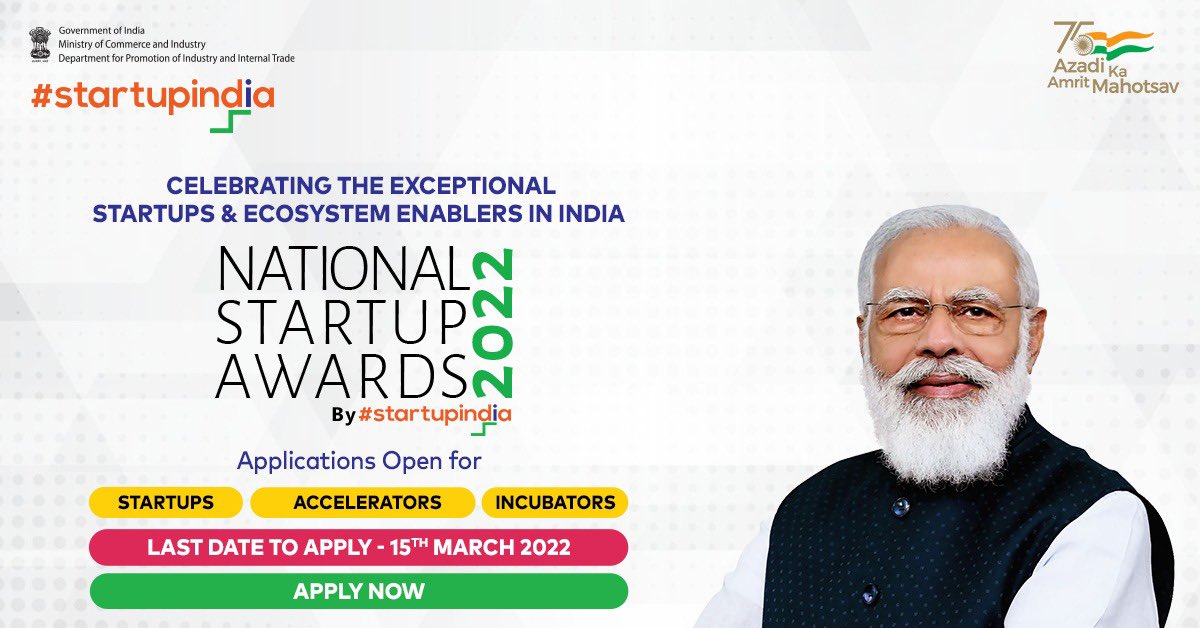 AasthaGrover09's tweet photo. The 3rd edition of the coveted *National Startup Awards* - is open for applications till 15th March 2022. The Awards aim to acknowledge the startups, incubators and accelerators for boosting the startup ecosystem.   Apply here: https://t.co/9qir3xJjbt https://t.co/OXNacjY9Cm