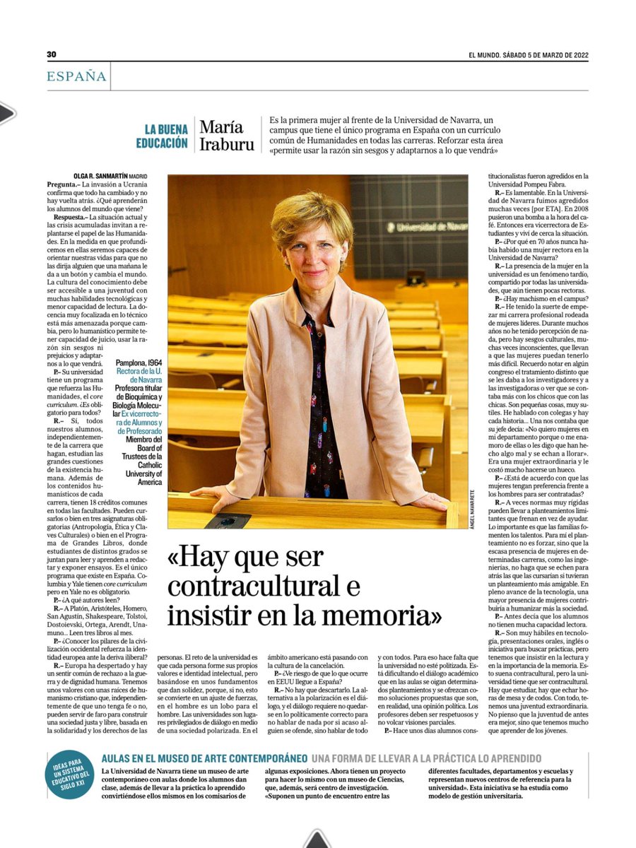 JoseMTorralba's tweet photo. "Si profundizamos en las Humanidades, seremos capaces de orientar nuestras vidas para que no las dirija alguien que mañana le da a un botón y cambia el mundo". @olgarsanmartin entrevista a @maria_iraburu, la "rectora humanista" de @unav. Con cita a los Grandes Libros @CoreUnav. https://t.co/ndRtN9d10D