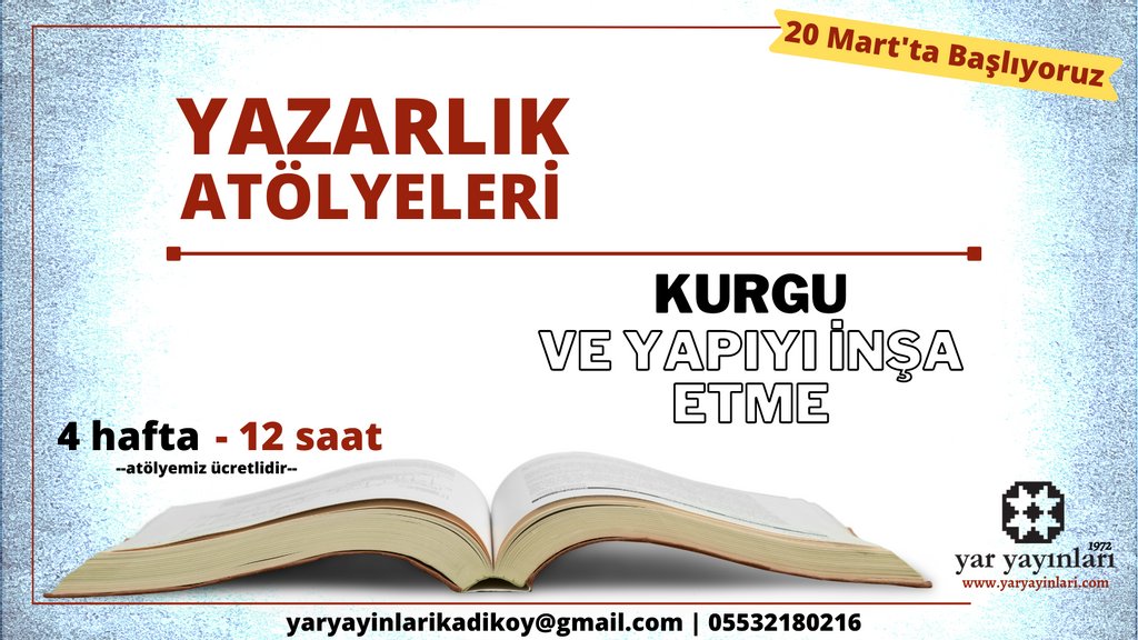 yaryayinlari's tweet photo. Yazarlık sanatının her bir alanına değineceğimiz atölyelerin ilkinde elimize tornavidalarımızı alıp dramatik yapıyı söküp inceleyeceğiz. Dikkat: Geri takarken bir iki vida artabilir.

Bir sonraki atölyemizde “Karakter” üzerinde duracağız

#yaryayınları #yazarlıkatölyesi #kurgu https://t.co/7xP9qlAygu