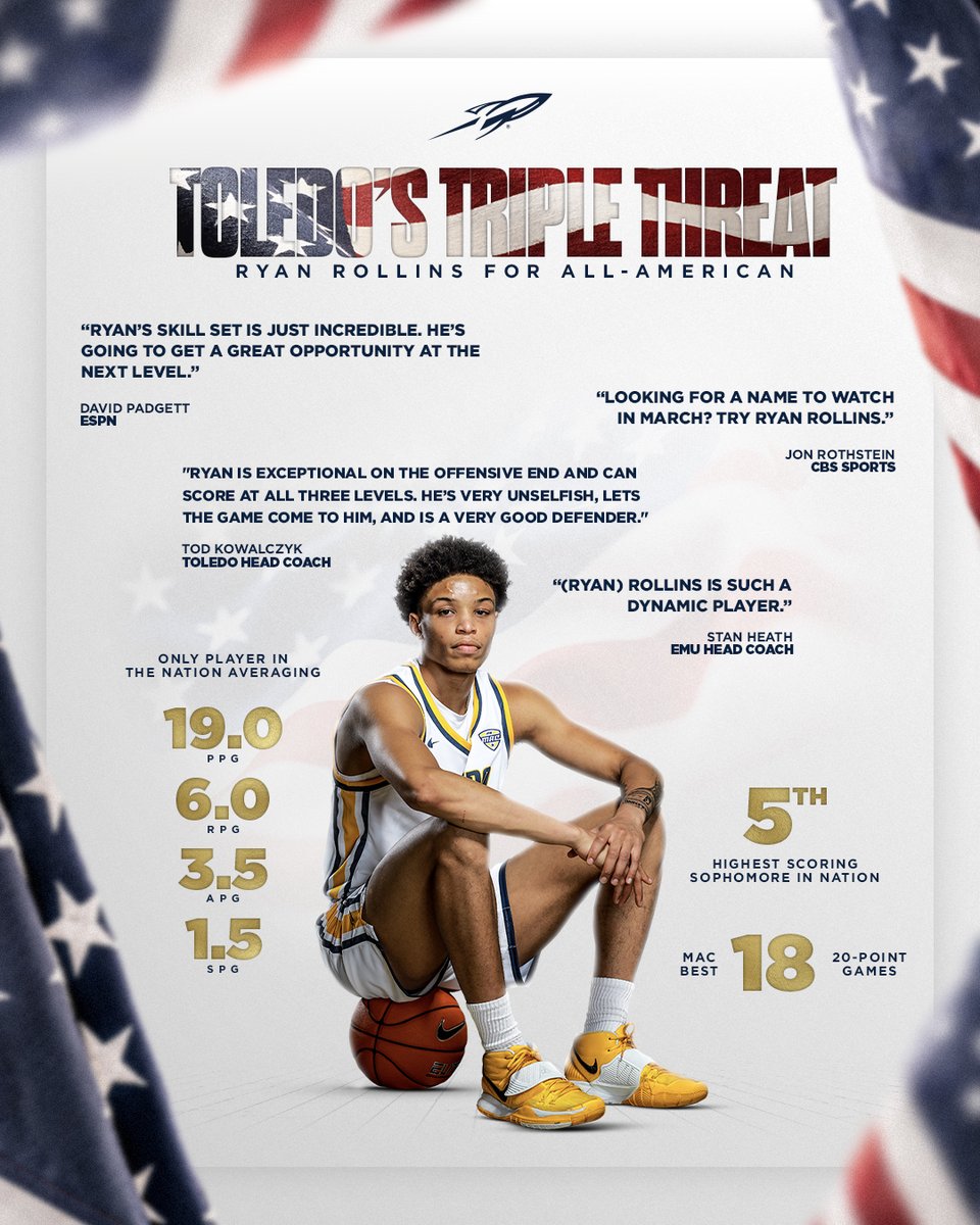 Toledo_MBB's tweet photo. Sophomore @_moneyballry is: 

☑️ Only player in nation averaging 19.0 ppg, 6.0 rpg, 3.5 apg &amp; 1.5 spg 
☑️ Two-time @MACSports champion
☑️ 4th Rocket ever to score 1,000 pts in 2 seasons https://t.co/schaEhtE2B