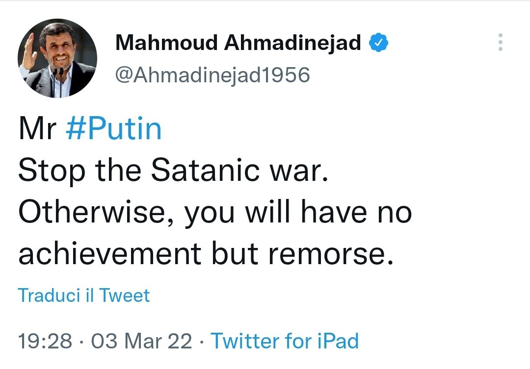 DavidPuente's tweet photo. «MR #PUTIN
STOP THE SATANIC WAR»
Mahmoud Ahmadinejad
03-03-2022
#UkraineRussianWar
#UkraineRussianInvasion
#UkrainePutinInvasion https://t.co/ZrwNG7SHW2