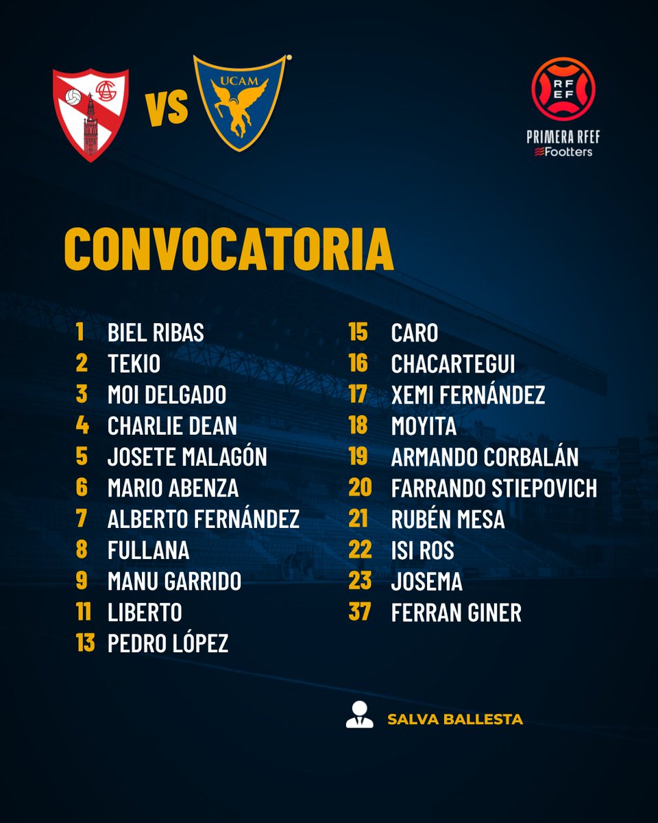 📋 Convocatoria para el #SevillaAtléticoUCAMMurcia. 

👨🏻‍🏫 <a href="/SBallesta9/">SalvaBallesta9</a>